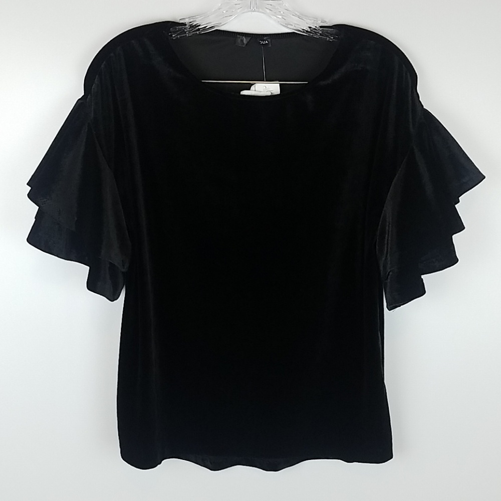 AQUA | BLACK VELVET RUFFLE SLEEVE SHIRT